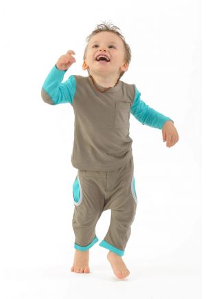 Pantalon sarouel enfant pur coton bio Kaki et turquoise
