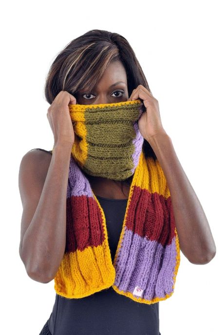 Echarpe pure laine douce vert jaune mauve bordeaux