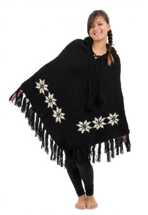 Poncho laine douce Nepal Noir et blanc etoile des neiges