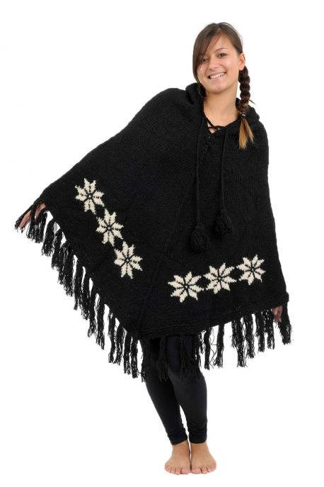 Poncho laine douce Nepal Noir et blanc etoile des neiges