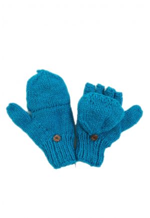 Moufles mitaines turquoise uni pure laine et polaire douce