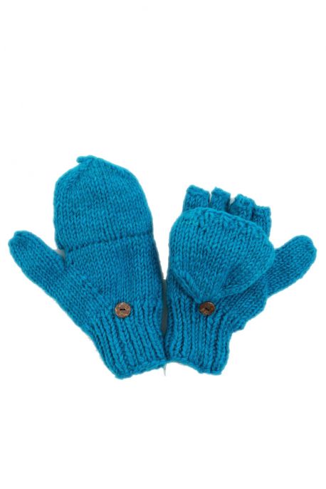 Moufles mitaines turquoise uni pure laine et polaire douce