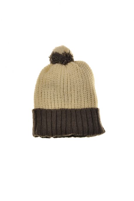 Bonnet pompon laine et polaire creme et gris