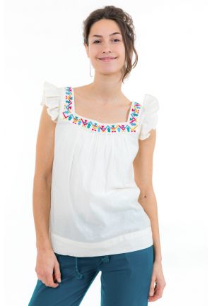 Top femme broderies et manches volantees face