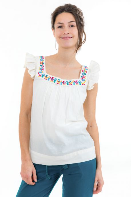 Top femme broderies et manches volantees face