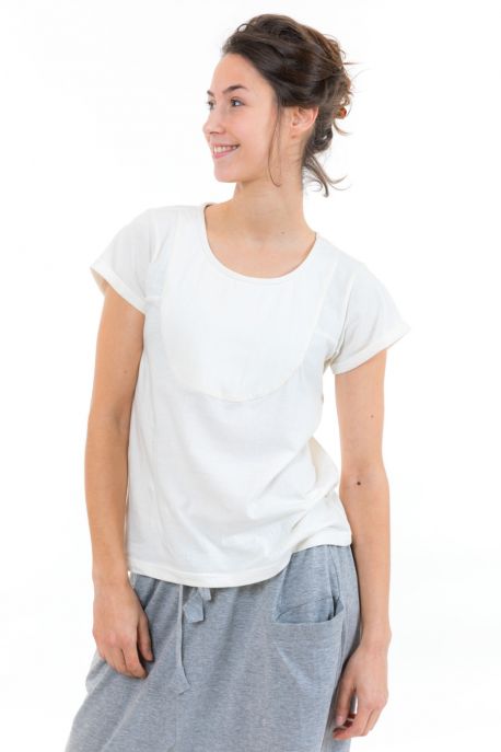 T-shirt femme plastron manches retroussees ecru face