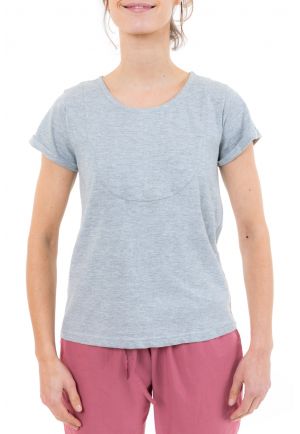 Tee shirt femme gris plastron manches retroussees zoom