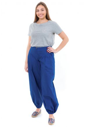 Pantalon large droit bouffant femme bleu face