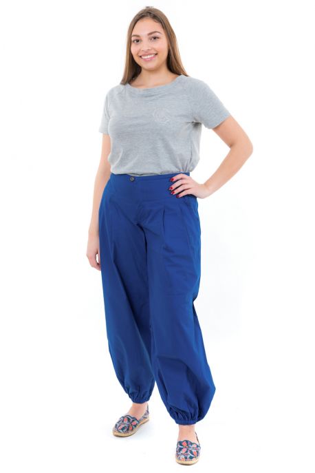 Pantalon large droit bouffant femme bleu face