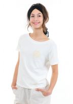 Top tee shirt femme broderie fleur ecru face