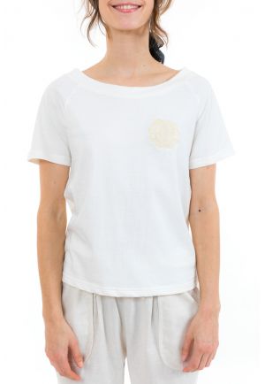 Top tee shirt femme broderie fleur ecru zoom