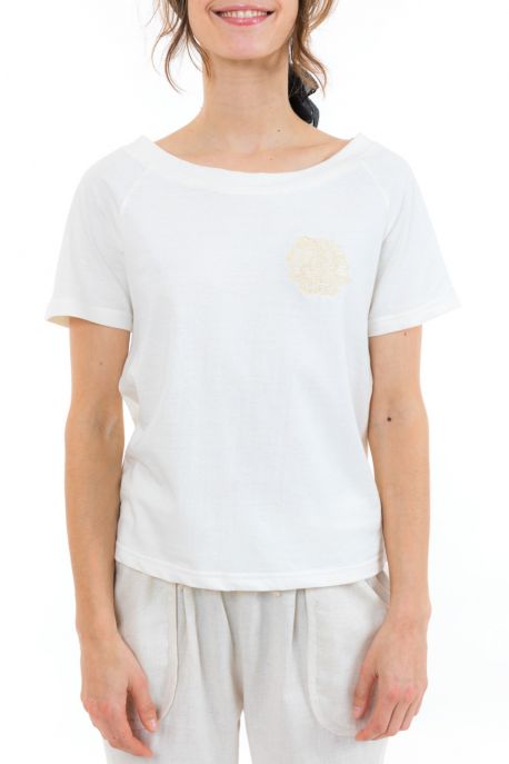 Top tee shirt femme broderie fleur ecru zoom