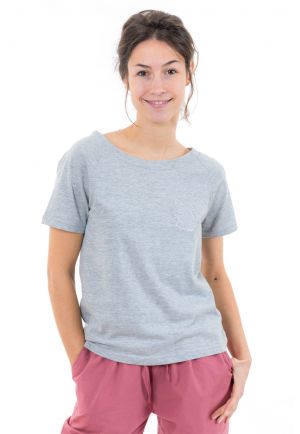 Top tee shirt femme gris broderie fleur face
