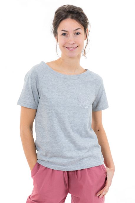 Top tee shirt femme gris broderie fleur face