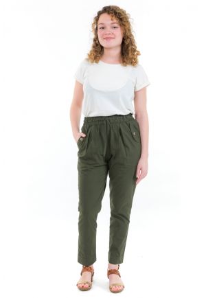 Pantalon carotte femme taille elastique kaki face