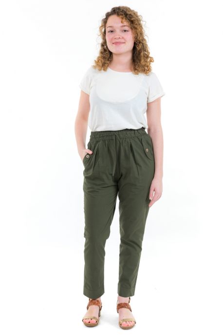 Pantalon carotte femme taille elastique kaki face