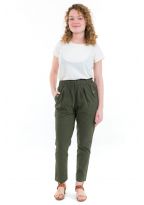 Pantalon carotte femme taille elastique kaki face