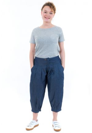 Pantacourt bouffant femme jean denim face