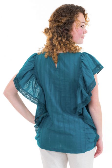 Top femme manches papillon dentelle bleu dos