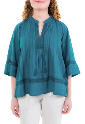 Blouse boheme dentelle et pampilles bleue zoom