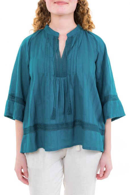 Blouse boheme dentelle et pampilles bleue zoom