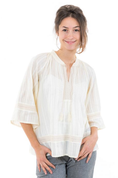 Blouse romantique dentelle et pampilles Ivory face