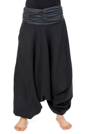 Sarouel elastique mixte noir gris rayures coton leger Haku