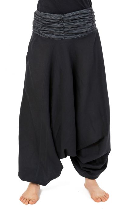 Sarouel elastique mixte noir gris rayures coton leger Haku
