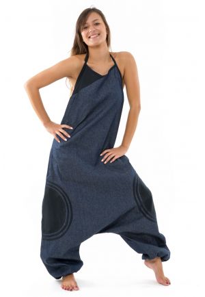Combi sarouel femme blue jean et coton noir street chic personnalisable