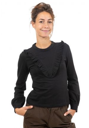 Top plastron volants manches longues noir face