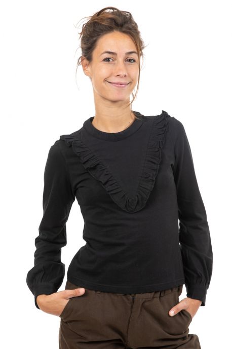 Top plastron volants manches longues noir face