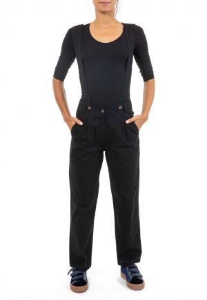 Pantalon avec bretelles taille haute noir zoom