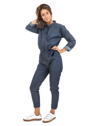 Combinaison denim manches longues avec ceinture face