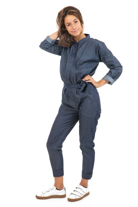 Combinaison denim manches longues avec ceinture face