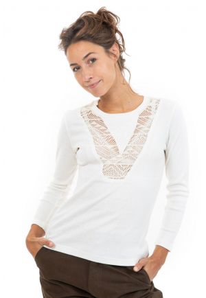 Tee shirt manches longues col V dentelle face