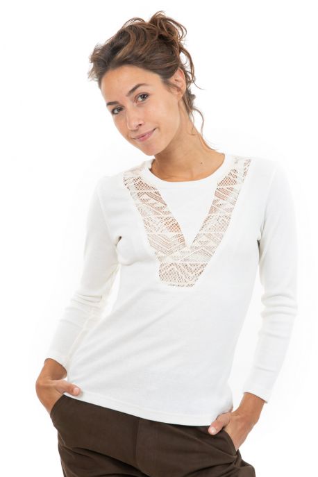 Tee shirt manches longues col V dentelle face
