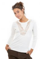 Tee shirt manches longues col V dentelle face