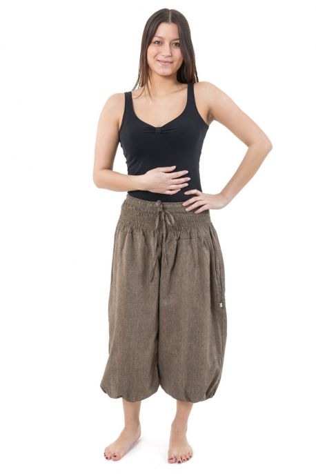 Pantacourt sarouel smocks coton chanvre fonce Hindou