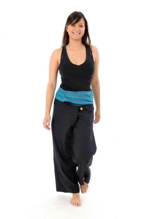 Pantalon pecheur Thai noir rayure turquoise