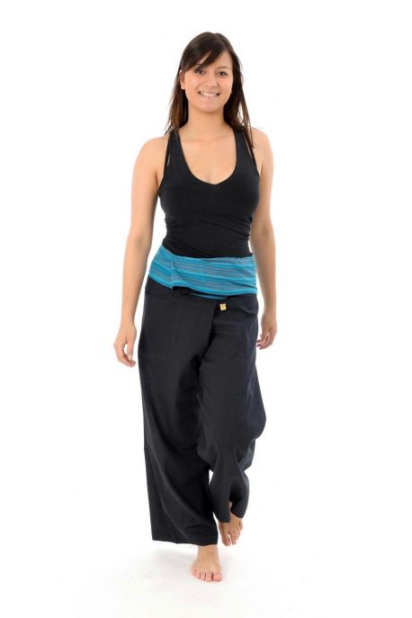 Pantalon pecheur Thai noir rayure turquoise