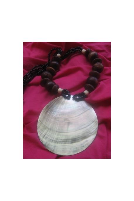 CO659 collier sautoir grosse nacre et perle de bois