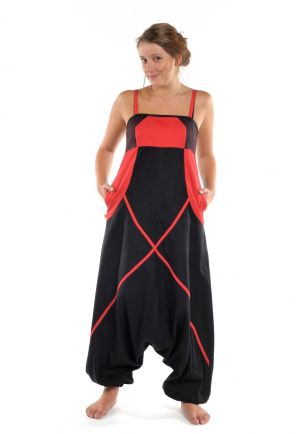 Sarouel combinaison ethnique femme Neena noire et rouge