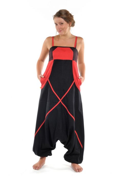 Sarouel combinaison ethnique femme Neena noire et rouge