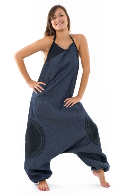 Combi sarouel femme blue jean et coton noir street chic