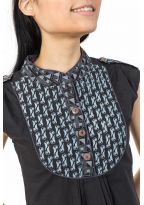 Tunique liquette femme ethnique chic col mao noir gris