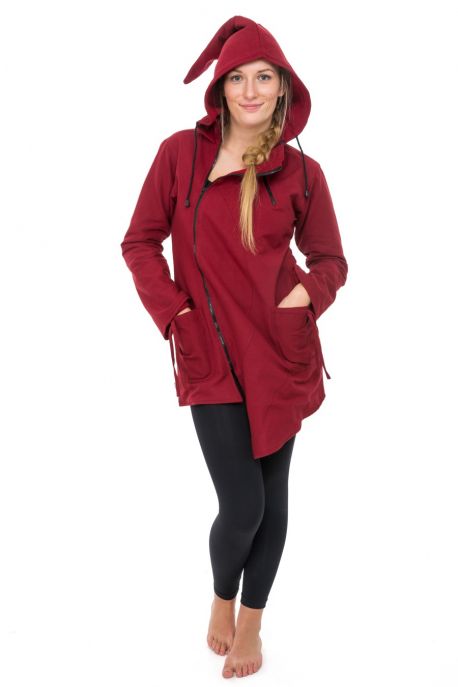 Manteau ethnique asymetrique mi long capuche pointue Flax rouge bordeaux uni
