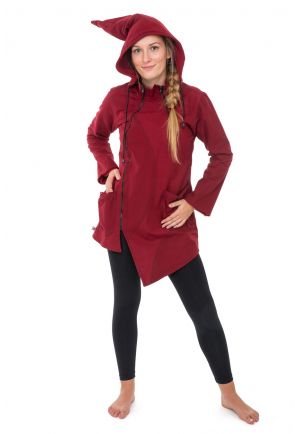 Manteau ethnique asymetrique mi long capuche pointue Flax rouge bordeaux uni