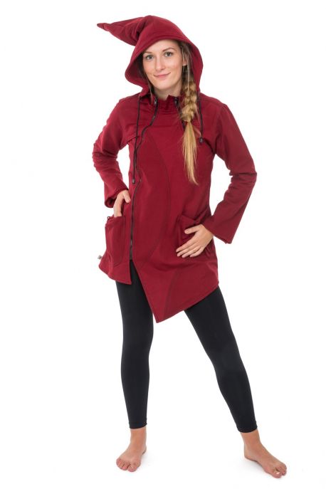 Manteau ethnique asymetrique mi long capuche pointue Flax rouge bordeaux uni