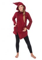 Manteau ethnique asymetrique mi long capuche pointue Flax rouge bordeaux uni