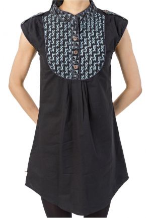 Tunique liquette femme ethnique chic col mao noir gris